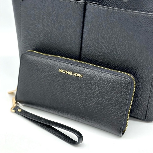 Michael Kors Jet Set Medium Pocket Tote Bag & Continental Wallet Wristlet Black - Picture 11 of 13